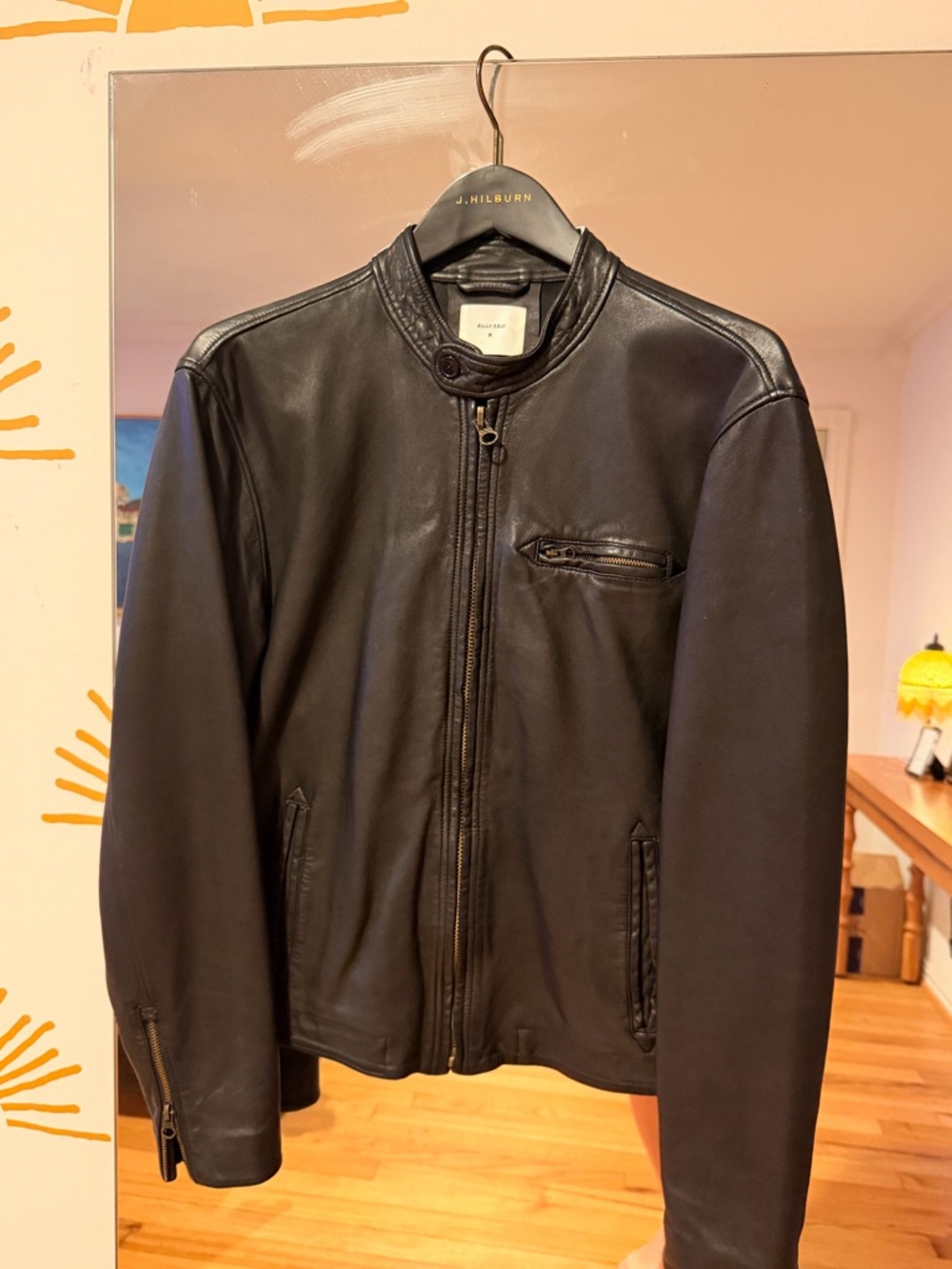 Billy Reid Black Genuine Calfskin Leather Bomber/Racer Jacket